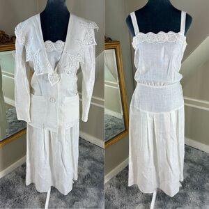 Vintage Jessica McClintock 100% Linen Sun Dress and Jacket Lace Trim Drop Waist
